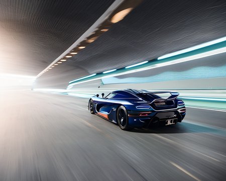 waggiephoto,koenigsegg agera driving in futuristic blue car tunnel, energy flow aerodynamics, sunny day, hero shot, photohelper, dust particles, motion blur, depth of field