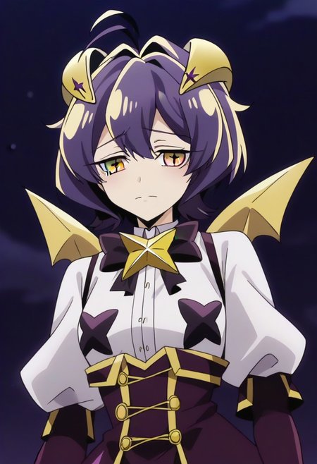 source_anime <lora:GushingoverMagicalGirlsSet1:0.8>, MagiaBaiser, short hair, yellow eyes, ahoge, purple hair, magical girl, showgirl skirt, black nails, low wings, cross-shaped pupils, yellow horns, star pasties,,, ,,, , , ,,,, ,,, , ,,,,,,,, anime coloring,anime screencap, 1girl,Solo ,, anime,official art,,Uncensored ,Unedited ,,,,,,,,