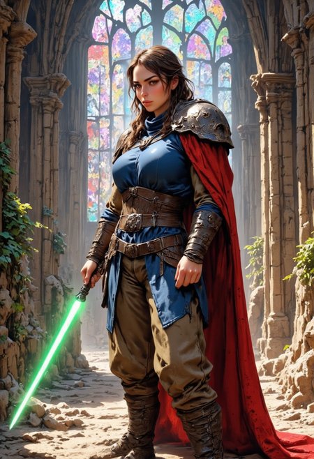 ultra-detailed illustration image, star wars style and mythp0rt, closeup portrait of an astonishingly beautiful female jedi knight, 19 years old, with very-pale skin and hazel eyes. She is skinny, and has a slender figure. She has small breasts and a thin waist. She has back-length dark-brown hair, with sharp cheekbones and a defined jawline. Her clothing is a combination of Sci-Fi and Ancient Roman influences, wearing a long blue tunic, cleavage, a long flowing tattered red cloak, corset, and tight-fitting tan pants, with belts. She is also wearing piecemeal sci-fi Ancient Rome inspired armor such as one pauldron, a breastplate, bracers, and a pair of boots. She is holding a green lightsaber in one hand, standing in an epic and glamorous action pose. She is standing within a beam of sunlight within a destroyed stone cathedral with partially destroyed stained-glass windows that is scattering rainbow light across the background. The image includes directional lighting, masterpiece, perfect composition, perfect hands, perfect face, perfect body, gymnast body, cartoon, dllj02, brown hair, soft freckles, long hair, 1woman is dollj02, dark-brown hair, Dainty Wilder!