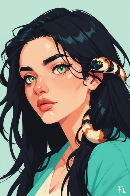 1girl, snake hair, solo, black hair, snake, , looking at viewer, upper body, green eyes, lips, blue eyes, nose, long hair, blurry, zPDXL3,  PnyCmicXLPOS, detailxl,  (lineless, vector art:1.5) ,