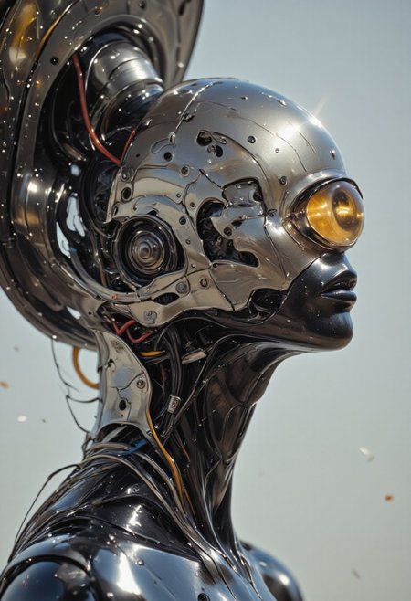 impressionist classical-style painting of a highly detailed, fantasy scene with a dramatic, robotic aesthetic. The central figure is a female robot. Her head and body are made of shiny and smooth metal with multi-colored, exposed wiring going down her neck creating an organic mosaic pattern. She is a biomechanical robot with Chrome Skinned and there are wires jacked into her face. Her cyclops eye is an intense silver color with light silver eyeshadow, and her lips are a rich, deep silver color. There is a missing panel on her cheek. A spot light focuses on her from above. She is bald and blending in with the white background. She is facing you and looking up into the sky intensely. The overall impression is one of dramatic beauty, with an almost otherworldly quality.  (((ultra-realistic style))), realistic soft lighting, dark, eye-catching, atmospheric lighting, natural, shallow depth of field, (highlights: 0.8), high detail (dynamic, cinematic shot, film grain, bokeh, depth of field,