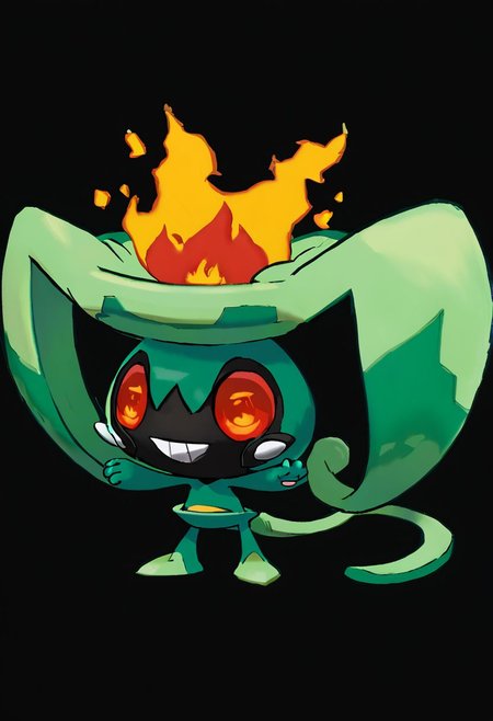 score_9, score_8_up, score_7_up,Create an image of a whimsical, cartoonish chibi grass/fire-type creature. It should possess a dynamic and balanced profile composition, centered with ample negative space around it. The creature should have a verdant green body with fiery red-orange leaf-shaped accents, resembling flames, along its back and tail. Its tail should end in a flicker of yellow and red flame, implying movement as if it's ready to ignite at any moment. Its facial features should include wide, expressive eyes with flame-colored irises and a mischievous smile that reveals tiny, pointed white teeth. Small, leafy appendages should sprout from its cheeks, and its belly ought to be a lighter shade of green. The illustration should be rendered in a bold, cartoon style with clean lines of varying thickness, flat colors with simple shading to suggest a fiery vitality, and no texture to maintain a sleek, lively appearance. The background should be transparent for versatile application across various media. The overall impression should be playful yet fiery, capturing the essence of a character that could leap into the action of a game or animate the pages of a fantastical story .zPDXL