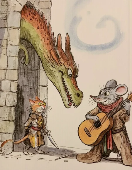 <lora:suteev:1>, <lora:chzcat:0.4>, This image is a detailed digital drawing in a whimsical, cartoon style. The scene depicts a medieval fantasy setting, featuring a large, majestic dragon and two anthropomorphic characters. The dragon is a fierce, red-and-green creature with large, sharp teeth, a long snout, and menacing eyes. It stands tall, with a muscular, scaly body, and is positioned slightly to the left of the image, occupying most of the background., 
In the foreground, to the right, stands a gray mouse dressed in medieval attire, complete with a red scarf and a brown, leather-like tunic. The mouse is holding an acoustic guitar, strumming it with one paw while the other rests on its hip. The mouse has a friendly, confident expression, and its eyes are wide and expressive., 
In the center of the image, a small, orange and white cat dressed in medieval armor stands on two legs, looking up at the dragon with a curious, slightly fearful expression. The cat is wearing a brown, metal breastplate and a red sash around its waist. It has a small, pointed sword at its side., 
The background features a stone archway with a clear blue sky and fluffy clouds above, suggesting an outdoor location. The overall mood is light-hearted and humorous