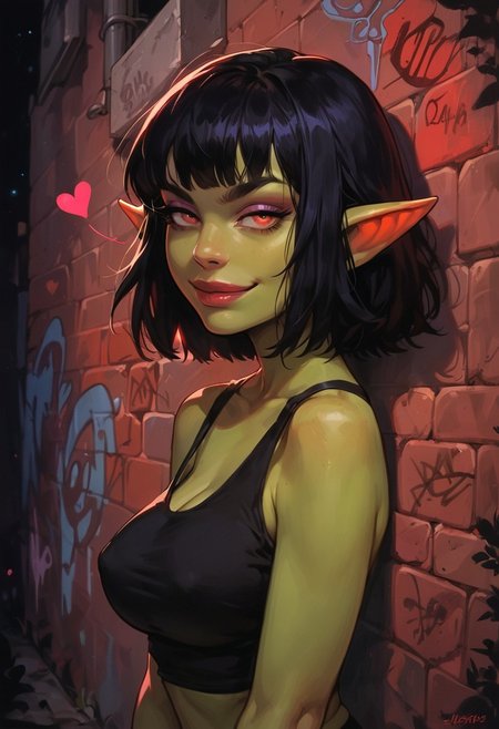 score_9, score_8_up, score_7_up, score_6_up, aesthetic ,  punk, goblin, green skin, outdoors, alley, night, graffiti, tank top,  solo,  dutch angle,  g0thicPXL,  (big lips:0.6), (close up:1.2), portrait, large breasts, smug, smirk, hearts, skinny, pov, side view, realistic, (shortstack:0.8), geometric