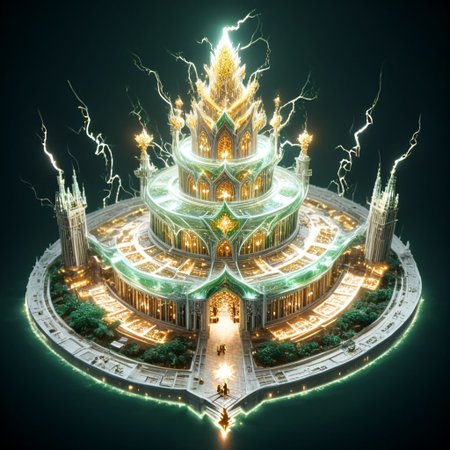 8k,hi res,(surreal,score_9, score_8_up, score_7_up, score_6_up),realistic analog photo, award winning photo,magnificent, celestial, ethereal, painterly, epic, majestic, magical, fantasy art ,((glowing runes:1.5),((view of the tower from above:1.7)),((The Elven style:1.7)),((Chinese style:1.7)),(elegant, beautiful,delicate and monumental style:1.7),((The emphasis on the tower:1.7)),(The great forest grew up in bonsai style:1.7),((a tall building:1.5)),((a tall elven tower with balconies and open work windows, arches,openwork golden lattice :1.4)),(against the background of fabulous nature:1.5),((fabulous nature:1.5)),((Elven tower, stands against the backdrop of mountains:1.5)),((Lightning is dancing around the a tall tower:1.5)),(((a tall green transparent jade  fairy-tale elven with a golden ornament tower:1.5))),((where magical runes seem to be perfectly intertwined with the  the tower:1.5))), where the natural elements are rampant (((the power of the storm, the power of lightning, the power of fire))), where natural elements run amok (((the power of the storm:1.3))),(((the power of lightning:1.3))),(((the power of fire:1.3))) ((beautiful ancient fairy garden of emerald jade runestones:1.5)),(realistic detailed background),<lora:Tangbohu Detail Tweaker:-0.1>,<lora:Elven-Architecture_ponyXL_LOREVER:1>,<lora:Tempest_Magic_-_XL_Grimoire:1>, tempestmagic,<<lora:Awfully_Stylish_v15.2:1>,<lora:extremely_detailed:1.2>,<lora:glowneon_xl_v1:0.75>