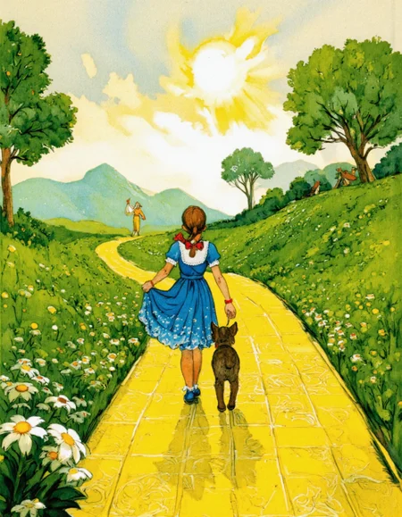 <lora:LV_NEW:1>A vibrant scene of Dorothy walking down the Yellow Brick Road with Toto, surrounded by lush green fields and whimsical flowers. The sky is painted in soft pastel hues, with a glowing sun. Style: Leonid Vladimirsky's rich, detailed watercolor technique, with Art Deco-inspired patterns on the road tiles and delicate textures in the foliage. Include his signature soft lighting and fairy-tale atmosphere, lighting