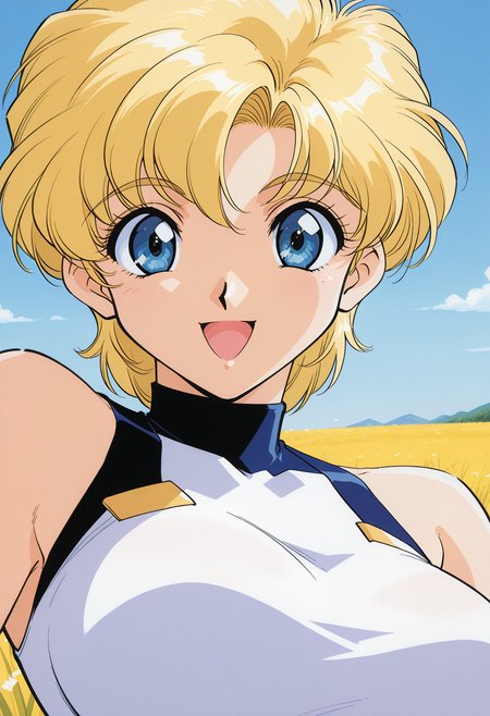 cathy_wild, blue eyes, blonde hair, short hair, white leotard, crop top,  <lora:asuka120_cathy_wild_illustrious_ver1:0.8> 
smile,, masterpiece, best quality, general,, 1girl, solo, (field:1.2), (blue sky:1.2), looking at viewer,, (upper body:1.2), (close-up:1.2), (facing viewer:1.2), (open eyes:1.4), (portrait:1.2)