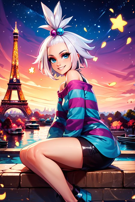 score_9, score_8_up, score_8, medium breasts, (curvy), cute, eyelashes,       BREAK, , zzRoxie, blue eyes, white hair, hair bobbles, topknot, striped dress, <lora:Roxie_Pokemon_PDXL_Citron:0.8>, , BREAK,  zzEiffelTower in background, sitting, watercraft, boat, sitting on wall, side view, looking at viewer, smile,  BREAK, blooming stars, luminescent petals, otherworldly fragrance blurry background, embedding:zPDXL, Expressiveh, <lora:EiffelTowerPDXL:0.8>,  <lora:CatalystStylePDXL:0.6>,  <lora:SDXLFaeTastic2400:0.5>,  <lora:Expressive_H-000001:0.4>,