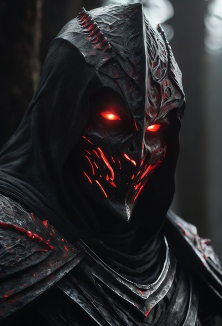 tomb, black armor, White shroud hide head, empty eye sockets, gloom, grimdark, stunning visually, premium effects. red glowing eyes, all colors, sword, portrait,
cinematic still, detail, high detail, best quality, ultra realistic, 8k,