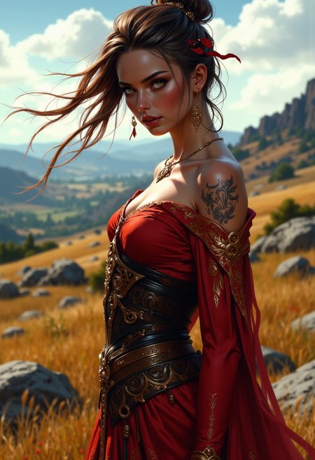 A beautiful girl with wild hair, outdoors.