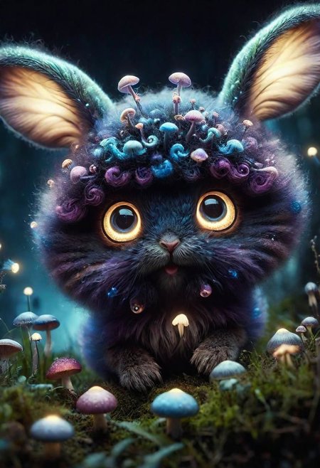 Mix the glowing-mushrooms, bunny and curly fur to create adorable magical creature with big glowing eyes, masterpiece, Surrealism, close-up, macro photo, f/1.2, backlighting, Albert Edelfelt, multicolored hair