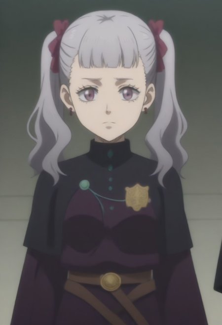 source_anime, anime screencap, source_anime, auratheguillotine, anime screencap, masterpiece, source_anime, shiny skin,,,,,,<lora:noellesilva-pdxl-nvwls-v1-000005:1> noelle silva, grey hair, purple eyes, twintails, hair ribbon, black capelet, green strap, white and purple dress, long sleeves, belt,