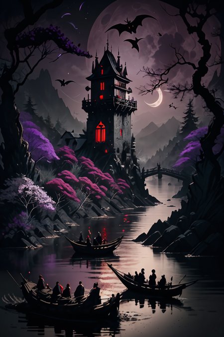 <lora:Calligraphy-ink-style-darquelilly-v1:1> calligraphyinkstyle, A medival vampire castle on a tower, surrounded by black and red roses that cover the entire landscape below the castle,mysterious magical atmosphere, volumetric lighting, night time, moonlight reflects in the water, black background, bats fly to the moon, everything is shrouded in violet mist, detail colour is purple, very dark lightning, <lora:dAIversity-LoRAtest-Photoreal-SD15-01:0.7>