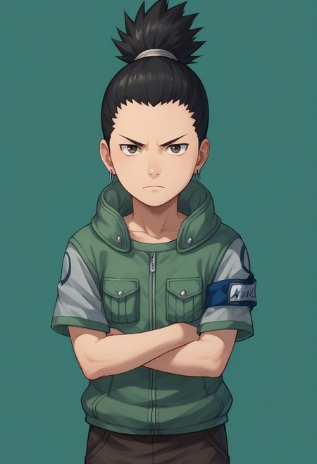 score_9, score_8_up, score_7_up, highly detailed, cute boy, 1boy, solo, young, Shikamaru_Nara, Brown Eyes, Black Hair, Ponytail, Earrings, Flak Jacket, Armband, Brown Pants, Arms crossed,