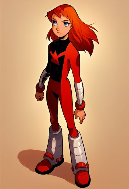 score_9, score_8_up, score_7_up, solo, 1girl, female focus, source_cartoon, 2D, solo, julie_power, red hair, blue eyes, flat chest, super_suit, bracers, chest logo, frond an side, multiple views, front and side, full body,