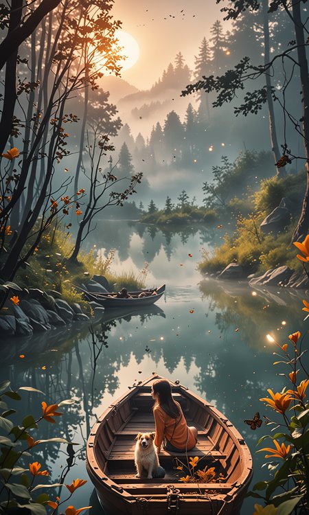 from the cave you can see a smooth lake, a girl and a dog are sitting in a boat, there is fog on the shore, a dark forest, mountains are illuminated by dawn in a haze