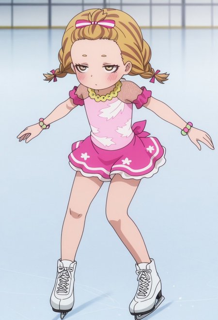 Masterpiece , best quality , amazing quality , anime screencap   ,a girl , , kkana    , , skirt , dress  ,twin braids  , ice skating   , ice skater  , blonde  ,