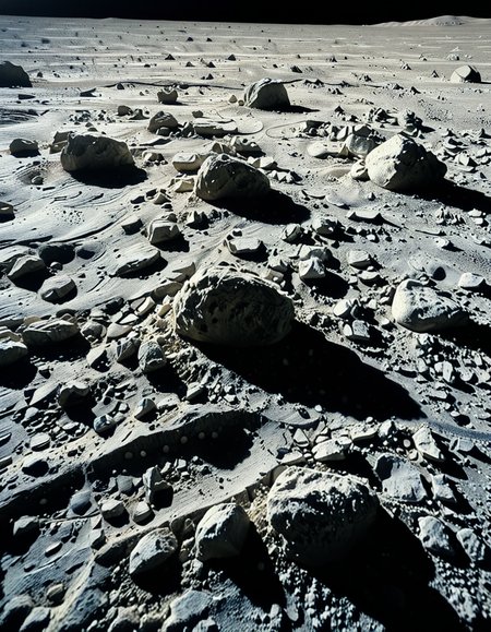 A high-resolution photograph of the Moon's surface, showcasing its rocky, cratered terrain with fine lunar dust. The foreground is dominated by detailed lunar regolith, with small rocks and uneven textures illuminated by the harsh, direct sunlight. Shadows are sharp and deep due to the lack of atmosphere. In the background, Earth appears as a vibrant blue and white sphere, partially illuminated, contrasting against the blackness of space. The composition is balanced, with Earth positioned slightly off-center to create a sense of depth and scale. The lighting is natural, with the Sun casting a bright glow on the lunar surface while leaving some areas in darkness, emphasizing the stark and desolate beauty of the Moon.
<lora:SDXLFaeTastic2400:0.4> <lora:extremely_detailed:0.4> extremely detailed, <lora:moon_surf4c3_v2:1>,moon surf4c3, Masterpiece,best quality,hi res,8k,hi res,8k,award winning,(sharp focus, intricate, highly detailed),