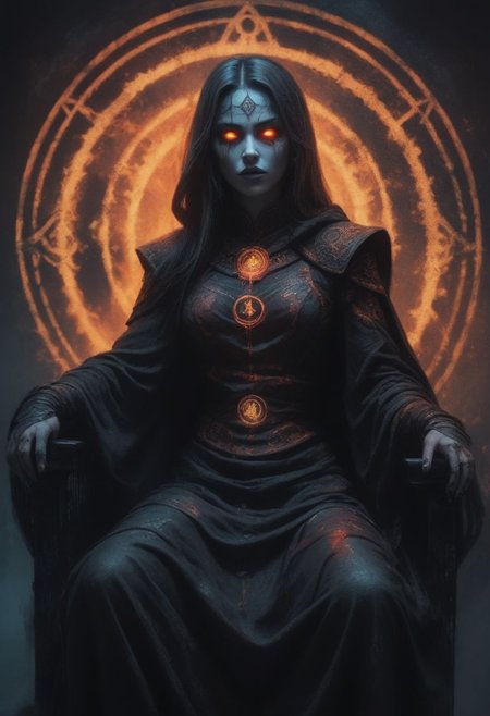 Ink illustration on parchment. A ghostly female . Prophet of Chaos Gods. Undead. Barbarian armor, Canvas hoods. Sitting on a Throne, Seductive. Glowing Runic circle. Elements. Glowing eyes. Bokeh blur. Colorful. BadDream, DEVIL SPAWN.