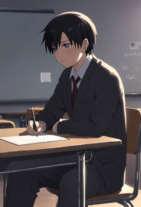 Highres, Masterpiece, High Quality, 4K, 8K, solo, 1Boy, Takaki Toono, adult, black hair, short hair, classroom, desk chairs, whiteboard, screen, sitting, school, school uniform, easynegative, detailed_eye_model
