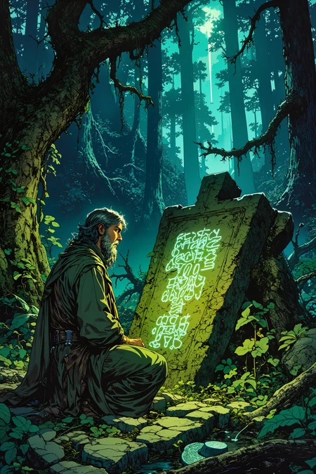 In the heart of an endless jungle, overgrown with bioluminescent vines, an elven scholar in a tattered cloak kneels before an ancient, moss-covered stone tablet. Strange, shifting glyphs carved into the stone pulse with a soft, green light, illuminating the scholarâs dirt-streaked face. Towering trees with glowing, sapphire leaves stretch high above, their twisting branches forming a labyrinthine canopy that blocks out the sky. The air is thick with the scent of damp earth and the distant cries of unseen creatures, their voices echoing through the tangled undergrowth. The scholarâs trembling fingers trace the carvings, feeling the faint warmth radiating from the stone, as if it still remembers the hands that chiseled its message eons ago. A cluster of glowing mushrooms nearby emits a faint, melodic hum, vibrating in perfect sync with the pulsing glyphs. As the scholar leans closer, the light intensifies, casting long shadows across the clearing, as though the jungle itself is holding its breath. The symbols shift and rearrange, forming words in a language the scholar should not understandâbut somehow, deep in their bones, they do. A gust of wind rustles the leaves, carrying the scent of something ancient waking beneath the roots. , detailed background  Fantastic lighting. Detailed shadows.intricate details, vivid colors, hyper-detailed, ultra-sharp, , , <lora:RetroAnimeFluxV1:0.4> <lora:Vintage comic book:0.7> <lora:MoriiMee_Gothic_Niji_Style_FLUX:1.0>
