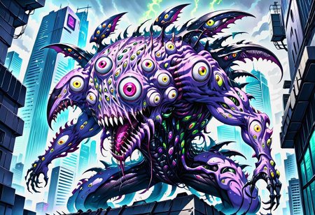 a fleshmutant creature comprised of numerous eyes and mouths climbs a skyscraper in a cyberpunk city