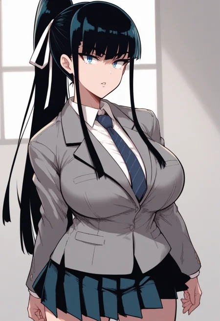 score_9, score_8_up, score_7_up, source_anime BREAK 1girl, solo, <lora:kusanagimio-jkt-richy-v1_pdxl:1> kusanagimio, blue eyes, black hair, long hair, ponytail, bangs, hair ribbon, standing, school uniform, grey jacket, pleated skirt, necktie, looking at viewer, parted lips, huge breasts