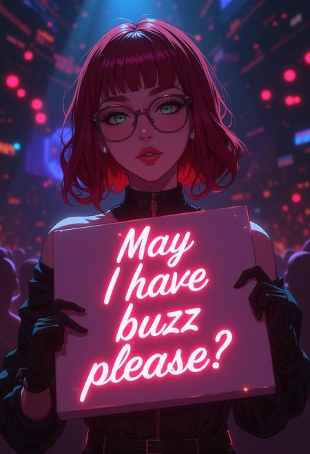 raw lighting, overexposed, harsh flash, masterpiece, ultra-realistic 8k, (best quality), highly detail, sharp, detailed, higher resolution textures, 4k graphic resolution, 1girl, solo, beautiful girl, perfect eyes, sexy, cute face,pose,seductive pose, goth girl, green eyes, oily skin, shiny skin, red hair, hime cut, glasses, looking downwards, delicate body, music stage, hosting live music performances, Expressiveh, crystal, gem, sparkle, star \(symbol\),by pistachiocream,light rays, lens flare,light particles,beautiful color, detailed, amazing quality, holding sign that says: "May I have buzz please?", 3/4 perspective,flux-style,logo