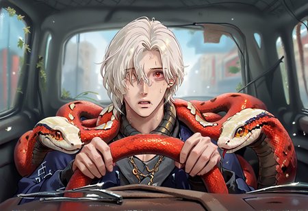 power crashes kobeni's car (meme), car interior, holding, steering wheel, look at viewer, crying with wide eyes open, nervous sweating, from front,A man with a snake on his shoulders trying to escape, car,in a car, , human:1.2,  (sn4k3, snake, snake on shoulders, upper body, FntsyPstlCE style), front_view, scaleless snake:1.6, white coloured snake:1.2, red eyes on snake, a giant wheel of fortune background:1.2, wheel with chances of getting hit written in it:1.2, wheel:1.5, city background