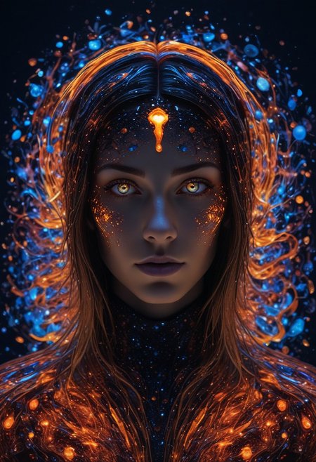 t-shirt, night, blonde hair, girl , RAW, photo, source_photo, highly quality, 8k, she stand at a small stage floor, overlooking an infinite cosmic rave., BREAK, The floating alien island beneath the stage is dotted with glowing star crystals that shimmer in different colors. Her eyes look contemplative as she sips a vibrant cosmic drink, colorful liquid matching her luminous jewelry. The view of stars and swirling galaxies and light trails in the background gives a dreamy feel to this moment. BREAK, glow circuit patterns, style of Light painting, eye focus, gloves, glowing eyes,blacklight makeup, black light paint, blp, made out of,colorful,liquid,Murano Art Glass
