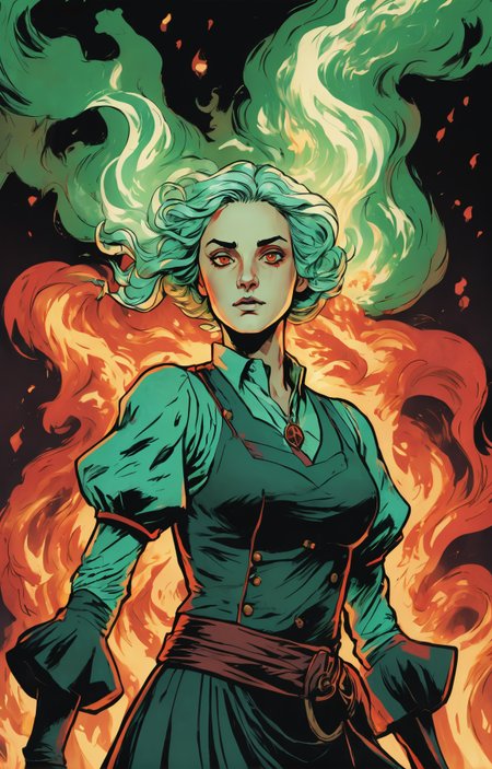 dgst artstyle, graphic illustration, comic art, graphic novel art, vibrant, dark and moody head and shoulders shot of a stunning Welsh woman with a shy smile, portrait, looking up, (hogwarts theme:1.1), glowing eyes, powerful apprentice,  pale green flowing clothes,   arms raised,   (red waves), magic fireball , magical symbols , floating ice shards, filtered light, flames in background, <lora:SDXL1.0_Essenz-series-by-AI_Characters_Style_DarkestDungeon-v1.0:0.7>, high quality, 4k, highly detailed