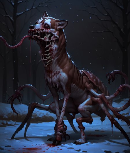 Score_9,score_8_up,score_7_up,realistic,solo,siberian husky \(kemono friends\),(scorpion),(mutated),(contortion),crawling,arthropod limbs,tentacles,monster,blood stain,bleeding,rotting,mucus,exposed bone,entrails,gore,(body horror),no humans,full body,dark,night,nandz,snowing,snowfield,(no_humans),<lora:Horror_The_Thing_v2:0.8>,<lora:Style_Concept_Art_DarkSide:0.8>,