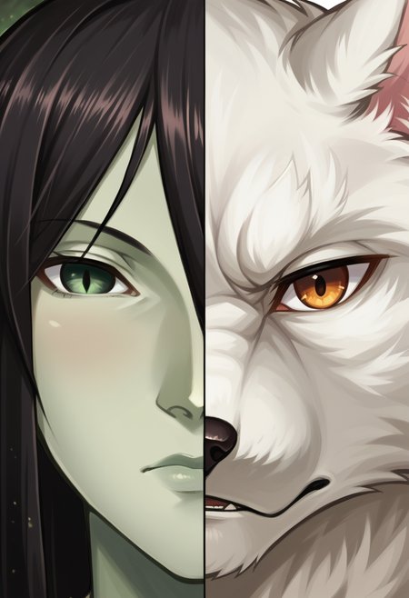 <lora:The_Lady_of_the_Forest_Dragon_Age_Origins:0.8>, 1girl, SulfS-L0fDAO, long hair, black hair, green skin, black sclera, slit pupils, monster girl, hair over one eye, covered in vines,
BREAK
white wolf, animal, furry, white fur
BREAK
score_9, score_8_up, score_7_up, girl and animal, <lora:Splitscreen_XLPD:1.1> SplitScreen, split screen, portrait, face focus