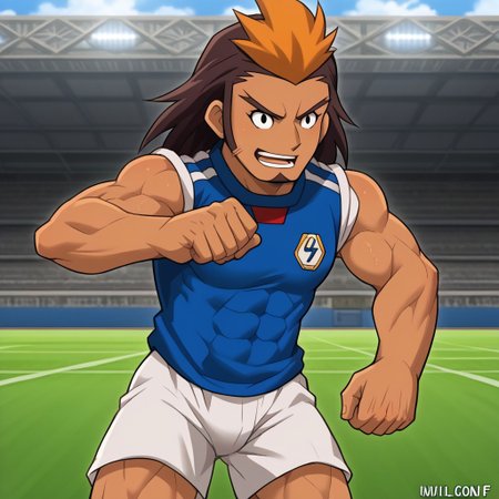 Score_9, cartoon source, toon source, high Quality,  wolfconf,  1boy, solo,  HIJIKATA RAIDEN, Brown hair, black eyes,  young, muscle body, two-tone hair, dark skin, soccer uniform (white shorts, blue sleeveless shirt), tight-fitting clothing, goatee.