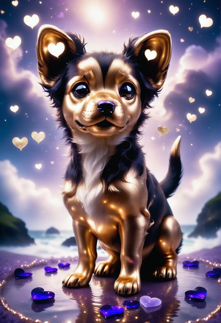 a cute zhibi puppy <lora:zhibi:0.8> made out of Jed-ANC <lora:ArtNouveauCopperStyle:0.9>, cuteness overload, surrounded by stardust and floating hearts <lora:heartmiststyle:0.5> in a starLS fantasy landscape <lora:stardustlandscapes-000006:0.7>, landscape of a phantom sea, violet, desolate fauna, photography art, lustful, reflected light, atmospheric perspective, Instax, cute, positive emotional, aesthetic, luxurious, lush, handsome