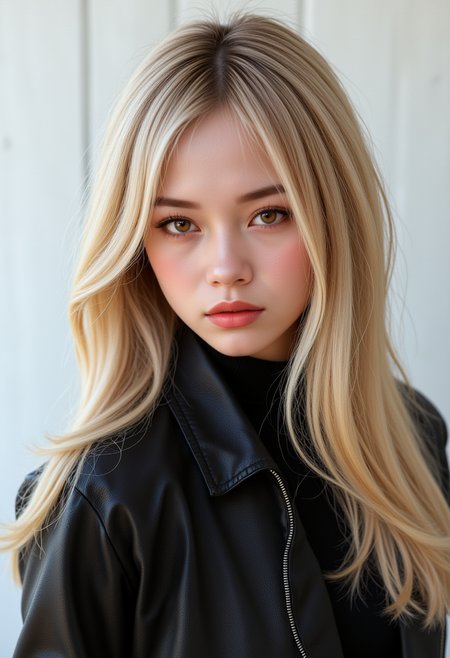 She is approximately 18 years old. Hyperrealism, she is looking at the camera, (dynamic angles), headshots of a beautiful, stunning unique female character. she has hair. her brown eyes are filled with joy and excitement, extravagant eyelashes,  A photo of Ae-cha, a woman, is shown. She has blonde hair and is wearing a black leather jacket. The photo is in black and white, giving it a classic and timeless feel. Ae-cha is posing for the camera, with a hint of a smile on her face. The composition of the photo is simple and elegant, focusing on the subject and her outfit..  She has a slight smile on her face and is looking directly at the camera. The background is a simple white wall.. making this image a masterpiece of photography and digital art. Style: realistic hyper-detailed rendering, 32k UHD, expressive eyes, punk, graphic design, girl's face, pretty and cute, gleaming lips, white skin, telling a tale of adventure. Exuding confidence and serenity. The background is a simple white wall. The overall mood of the image is happy and relaxed.RAW candid cinema,16mm,color graded portra 400 film,remarkable color,ultra realistic,textured skin,remarkable detailed pupils,realistic dull skin noise,visible skin detail,skin fuzz,dry skin,shot with cinematic camera,detailed skin texture,(blush:0.2),(goosebumps:0.3),subsurface scattering,beautiful photograph in the style of Augustus John,Sergio Toppi,Virginia Frances Sterrett,8k HD,detailed skin texture,ultra realistic,textured skin,analog raw photo,cinematic grain,whimsical,detailed hand,perfect hand.perfect style.