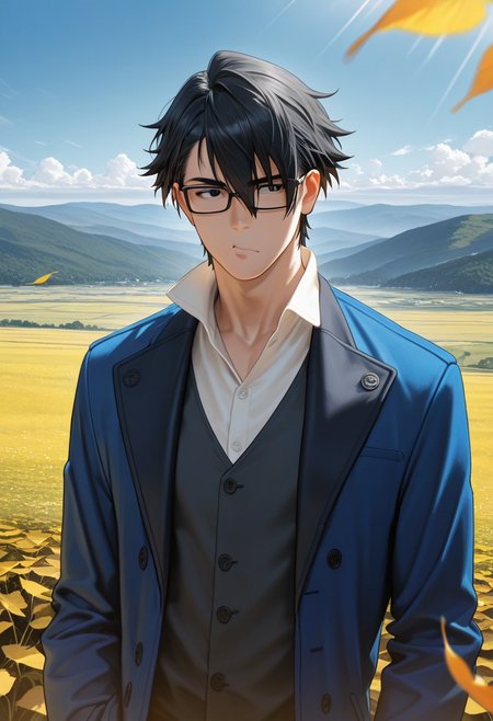 masterpiece, best quality, amazing quality, absurdres, newest, detailed background, definition so sharp, Ultra-HD, 8K cinematic, very awa, impressionate, amazing quality, highres, d10w21ll,
solo, male focus, manly, mature male, bara, day, blue sky, outdoor, sunbeam, windy, flying leaf, 
1boy, short hair, glasses, saruhikofushimi, saruhiko_black hair, saruhiko_black eyes, blue coat, collared shirt, o3o, depth on field, upper body, focus on scene, landscape, wide angle perspective