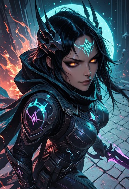 (masterpiece), (best quality), 8k, 1girl, celestial assassin, intense low lighting, glowing crescent blades, purple glow, dual-wielding, shadowed face, glowing eyes, dark eclipse sky behind her, glowing voidlight aura, Void crown, half crescent crown, orange eyes, mystical sigils on ground, long flowing cloak fluttering, sci-fi fantasy armor with celestial patterns, moonlit silhouette, cinematic perspective, ethereal particles, radiant eclipse corona, sleek asymmetrical hairstyle, atmosphere of silent finality, black eyeshadow, Void flames, Burning Cloak, Flaming cloak, 
Action Shot, Slashing blades, Fierce expression, partical effects, dynamic, Dynamic position, Dynamic angle, Combat, intense, intense expression, Anger, half smirk, 
Unique, close up, cowboy shot, dutch angle, foreshortening, 
From above, Looking at viewer, Close up, Face Focus,