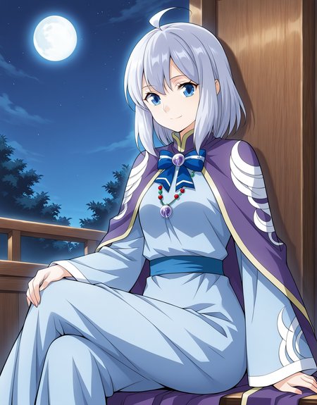 <lora:Dan_Chen__Battle_Through_the_Heavens__Illustrious:1>
1girl, solo, silver hair, short hair, ahoge, anime style, bangs, soft expression, blue eyes,
long robe, traditional clothes, fantasy outfit, purple cloak, wide sleeves, long sleeves, sleeves past fingers, blue inner dress, gradient design, decorative embroidery, formal uniform, layered clothing, blue bowtie, ribbon brooch, gemstone brooch, bead necklace, moon-themed outfit, detailed trim,
(Anime_source),Masterpiece,(perfect female body:1.2), small waist,(incredibly detailed:1.4), slim, smile, looking at viewer, sitting, crossed legs