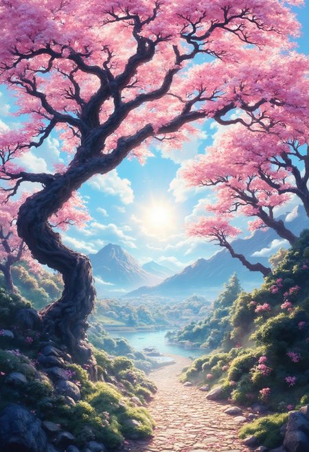 ( Calm spring morning landscape), beautiful view, An old weeping cherry tree, Sakura Fubuki, A carpet of cherry blossom petals, early morning, sunrise sky, beautiful clouds, dappled sunlight, 
A wonderful waka-like landscape, 
I can see the mountains in the distance, 
depth of field, masterpiece, best quality, ultra-detailed, very aesthetic, illustration, perfect composition, intricate details, absurdres, moody lighting, wisps of light, no humans,