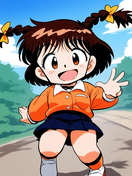 score_9, score_8_up, score_7_up, source_anime, rating_explicit, BREAK <lora:Shinba_Kurumi_XL:1>Shinba_Kurumi, brown hair, brown eyes, twin braids, hair bow, short hair, short stack, 
long sleeve, skirt, smile,
skyã