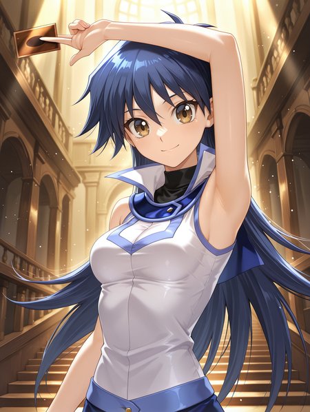 saotome rei,1girl,solo,card \(yu-gi-oh!\),smile,armpits,card between fingers,looking at viewer,arm up,upper body,closed mouth,shiny hair,medium breasts,bare arms,duel academy uniform \(yu-gi-oh! gx\),white sleeveless shirt,blue skirt,black bodysuit,
masterpiece,best quality,amazing quality,very aesthetic,absurdres,newest,scenery,extreme detail,8k,light particles,soft lighting,volumetric lighting,intricate details,finely detailed,detailed eyes,<lora:Saotome Rei illusXL v1:0.73>,