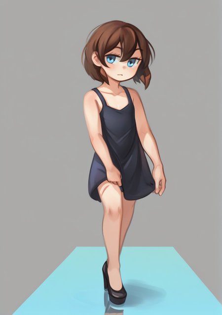 1girl,zPDXL3,bare shoulders, black dress, black footwear, blue eyes, brown hair, closed mouth, collarbone, dress, expressionless, flat chest, full body, gradient background, hair between eyes, high heels, looking at viewer, no headwear, platform footwear, platform heels, reflective floor, short hair, sleeveless, sleeveless dress, solo, standing <lora:Ohbunti:1>