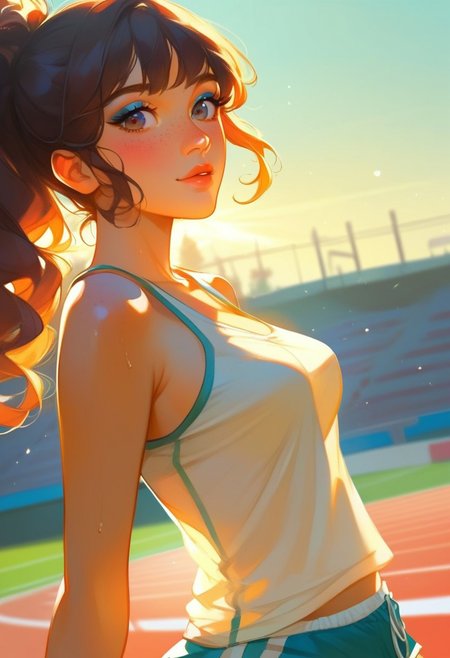 score_9, score_8_up, score_7_up, score_6_up, score_5_up, score_4_up, 1girl, outdoors, sports were, semi-realism, detailed render, lovely feeling, shadows, cinematic lighting, hyperdetailed, love, painting by Ismail_Inceoglu Tom_Bagshaw and Dan Witz CGSociety, fantasy art, best quality Backlights, ultra-detailed quality, dynamic angle, 4k quality, intricate details,
BREAK, 
1girl, cute girl, medium breasts, she have long_hair, moles, dolphin shorts, tank top, sweaty, cute, kawaii, petite body, bangs, boring mode, freckles female, sport track, dynamic angle, DOF, sunrays, sun hues, beautiful face, long eyelashes, winds, eyeshadow,