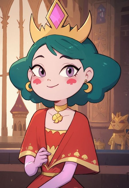 score_9, score_8_up, score_8, Eclipsa Butterfly, green hair, short hair, purple eyes, red spade blush stickers, golden moon earrings, necklace with golden clover, gold crown with pink jewelry, red dress with white bottom, yellow shrug, light purple gloves, 
upper body, closed mouth, in palace, vivid colors, looking at viewer, smile,
