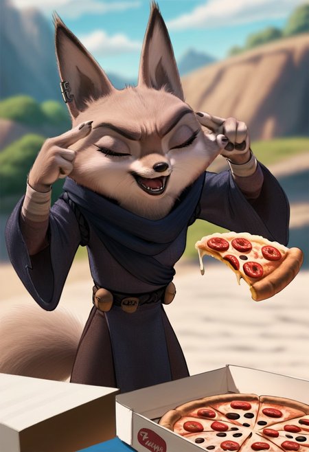 score_9, score_8_up, score_7_up, score_6_up, score_5_up, score_4_up, 
Zhen, Corsac fox, Furry, Right-sided jade ear piercing, Fur Gray and White, brown eyes,  1girl, petite, disney, source_cartoon, blue kimono, tail, ManLevitatingPizzaMeme, pizza, pizza box, pizza slice, eyes closed, fingers pointing head, open mouth