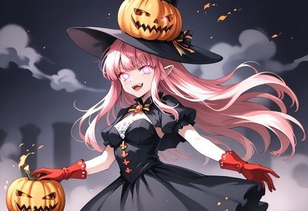 (masterpiece), (score_9, score_8_up, score_7_up,source_anime), 4K8K, 
(from side), misty, steam, fog, Floating Halloween pumpkins, 
halloween, halloween fantasy, (jakkRo), 
(pumpkinhead woman, Pumpkinhead:1.3), (solo), (Glossy skin, pale skin:1.3),  blue flame, burning pumpkin, (dark aura:1.4), (smirk, half-opened mouth, Canine, tooth, fang1.2), 
(medium figure:0.9), (pointy breasts:1.1), 
(pink hair, ultra long hair, glowing eyes), 
(wearing vampire cos, dress, makeup, red and black dress, Miniature Hats, culottes, red gloves:1.2), 
(emperor's audience room, dark room:1.3), elf ears,