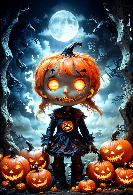 Halloween, moonlit night, supernatural, jack-o'-lanterns, trick-or-treating, eerie ambiance, playful mischief, mysterious shadows, delightful spookiness.,cute helloween doll       ,haunted graveyard in the background, with its windows glowing with an unnatural, ghostly radiance. It beckons the curious and the brave to explore its mysteries.cute helloween doll, Halloween Night,Nightmarish beast street art, vibrant, urban, detailed, tag, mural. Chthonic abomination writhing with tentacles and claws, something from deepest pits of subconscious . graffiti style ,