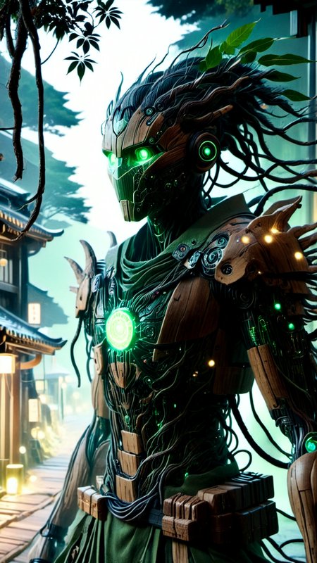 Hyperrealistic art cinematic film still photography in the style of detailed hyperrealism photoshoot, a wandering wooden android warrior that is a combination of wood and micro electronics, walking through the street of an ancient traditional Japanese naturepunk town, (nighttime, night shoot, starry sky, dark sky:1.5), (glowing green eyes:1.3), (his wooden body plates has electronic green glowing veins:1.3), covered in glowing roots and wires and vines, small green gems, he holds an ancient scimitar at the ready, bold lines, hyper detailed, shallow depth of field, vignette, highly detailed, high budget, bokeh, cinemascope, moody, epic, gorgeous, film grain, grainy, extremely high-resolution details, photographic, realism pushed to extreme, fine texture, incredibly lifelike,<lora:sd_xl_dpo_lora_v1:1.0>,  <lora:NaturePunk_SDXL:1.0>, Naturepunk,   <lora:Bio-Luminescence:1> bioluminescent, glowing,  <lora:- SDXL - holo_effect_V1.0:1>,  <lora:CyberLight:1> CyberLight