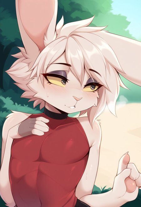 score_9, score_8_up, score_7_up, (by teranen), outdoor, sexy, sweat, dutch angle, looking aside, high quality, hires, solo, detailed background, easynegative, pose, pawpads, (horny), steam, 
Texi,solo,rabbit ears,furry,rabbit boy,girly,white fur,yellow eyes,short hair,colored sclera,eyeshadow, clothed, close up